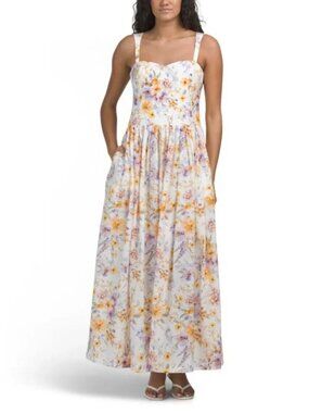 NWT Aqua Blu Australia Long Maxi Dress Floral Print Lilas Drop Waist Slevless XS